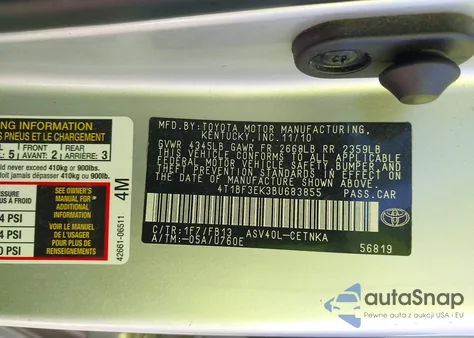 2011 Toyota Camry Le из США, поврежденный, VIN 4T1BF3EK3BU683855